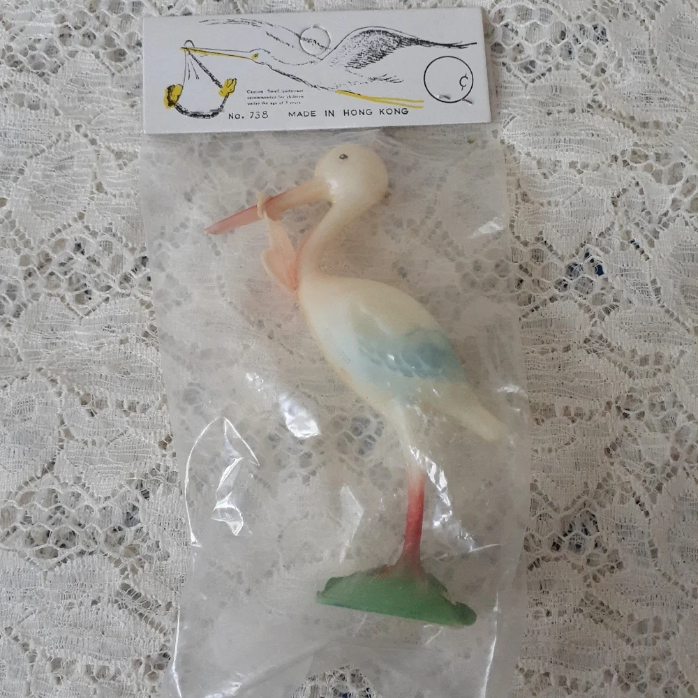 Vintage Hard Plastic Stork Cake Topper Craft Supply or Decoration Hong Kong Made